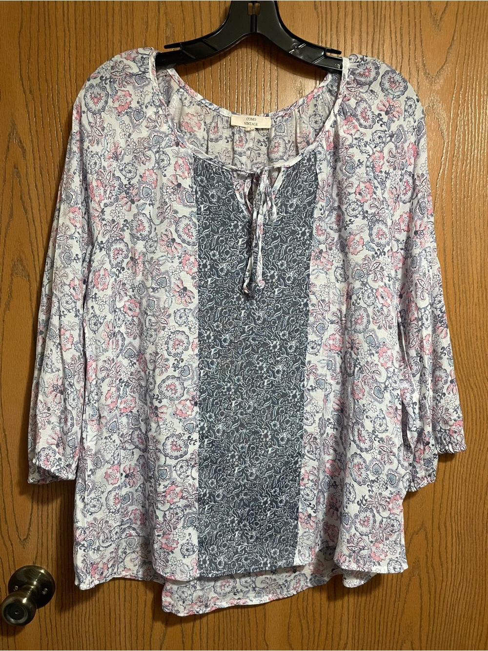 Floral Peasant Tunic in White, Pink and Blue with Tie Front